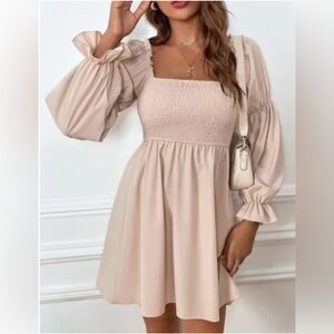 SHEIN Tan Smocked Sundress with Bishop Sleeves. Size small. Babydoll style